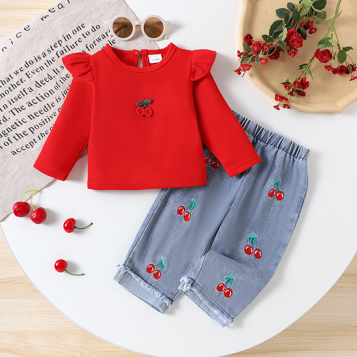Girl's Minimalist Set Spring and Autumn Cherry Pattern Red Long Sleeve Top with Cowboy Pants Two Piece Set
