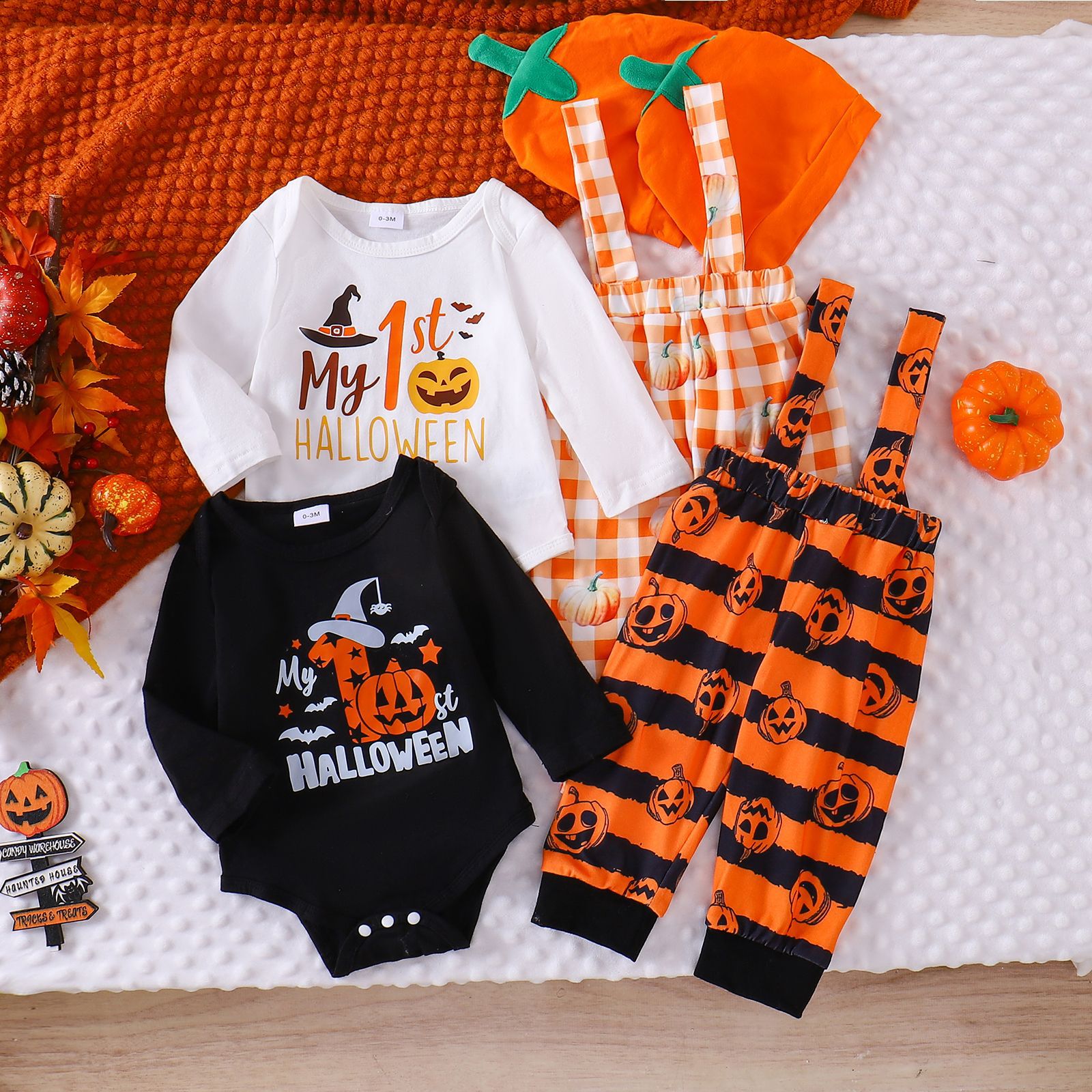 European and American Halloween sets for boys and girls with pumpkin bat patterns, long sleeved clothes, suspenders, long pants, two-piece set