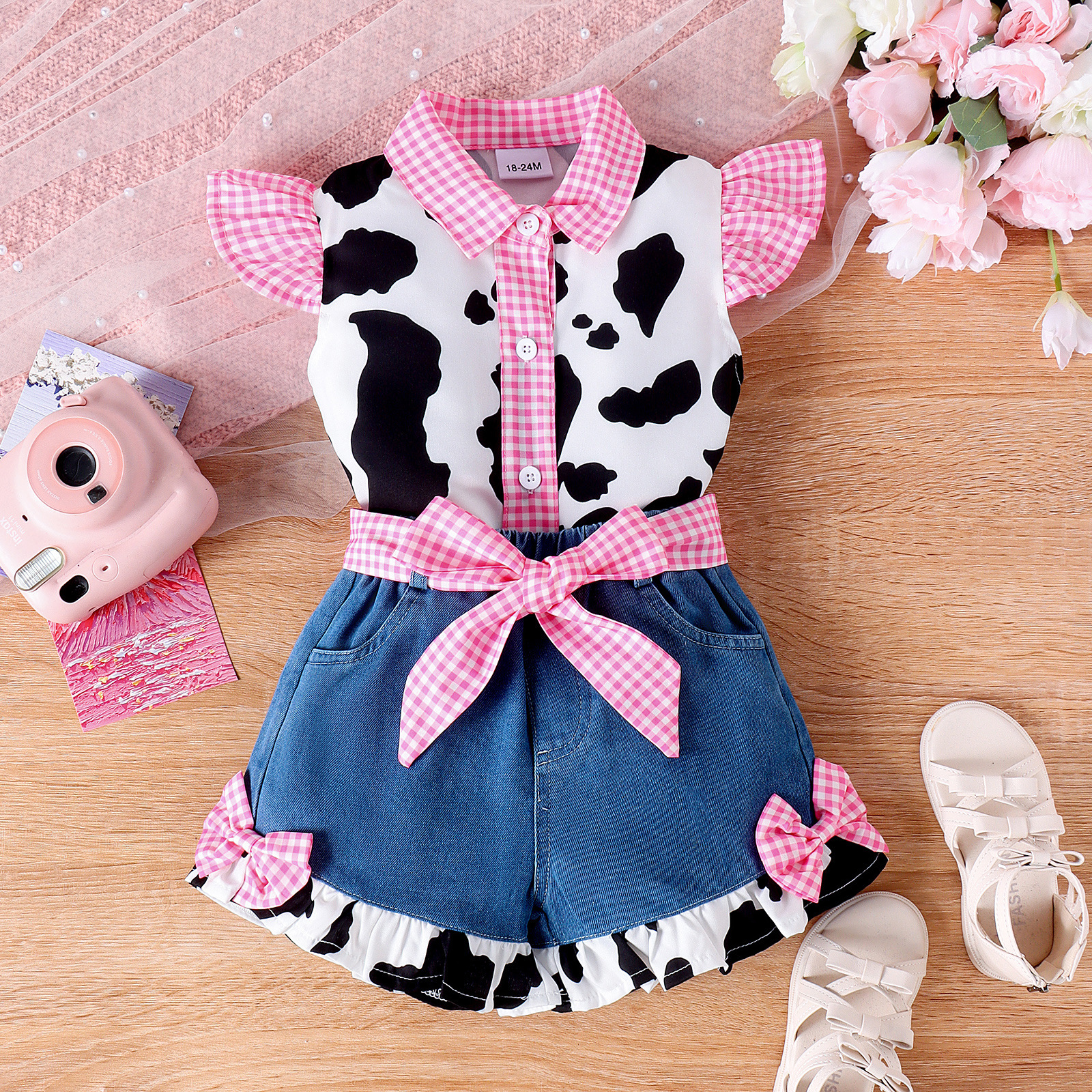 Cross border foreign trade summer girl baby pink checkered top patchwork denim shorts set