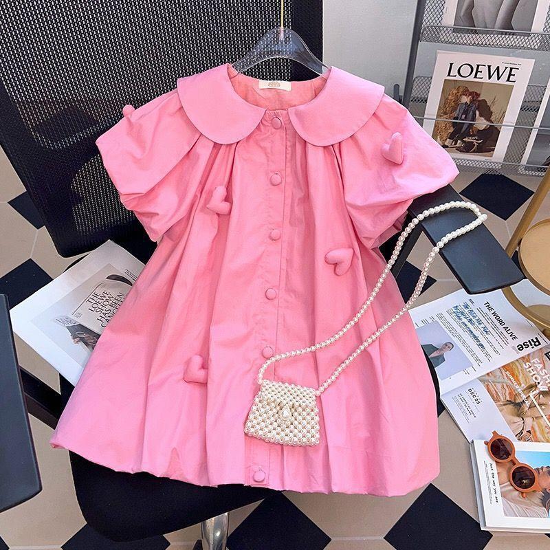 Girls' Summer Short sleeved Dress 2024 New Mid sized Children's Sweet and Cute Girls' Western Style Love Princess Dress Trendy