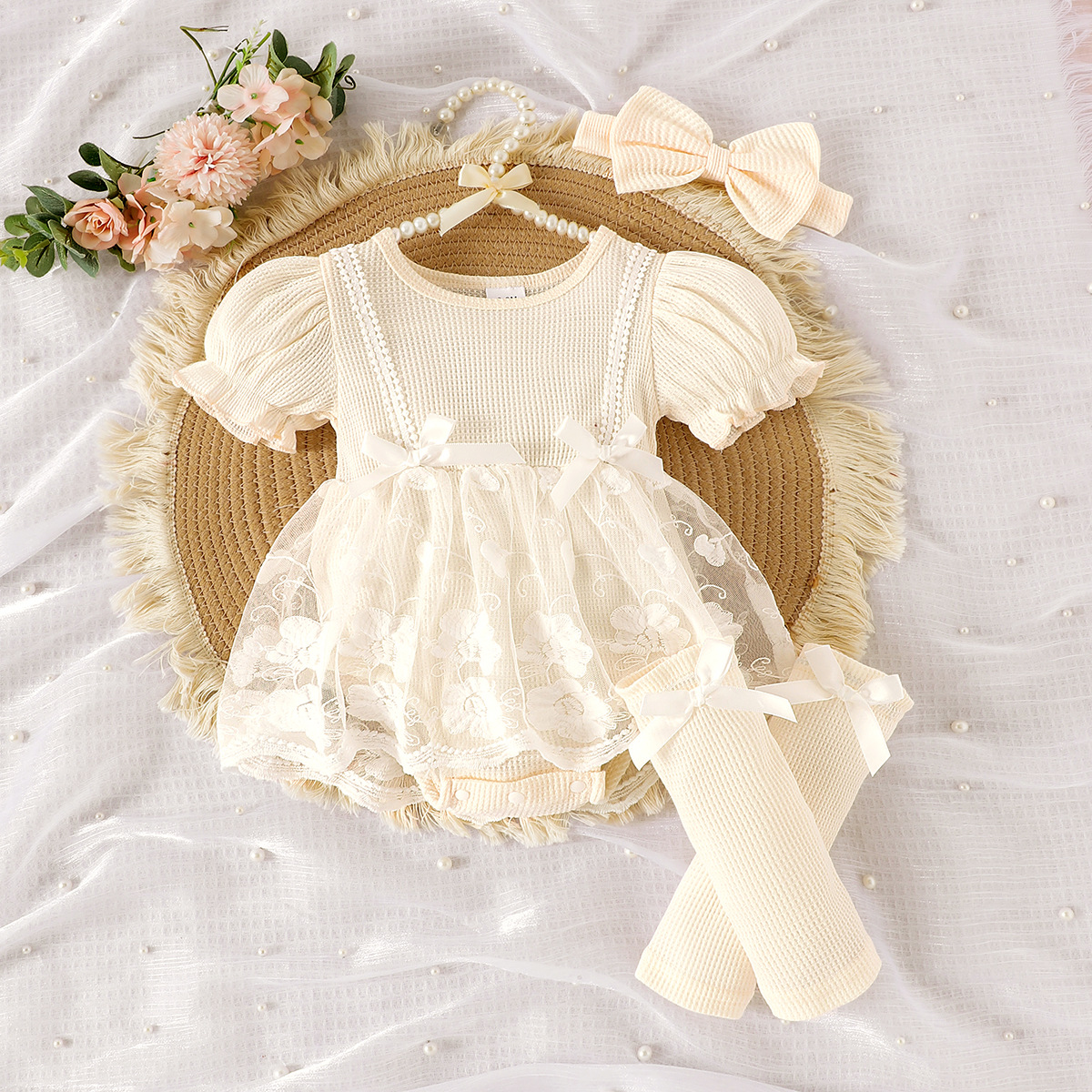 European and American 2025 Summer Sweet Beauty Baby Short sleeved Mesh Hat Clothes Crawler Clothes