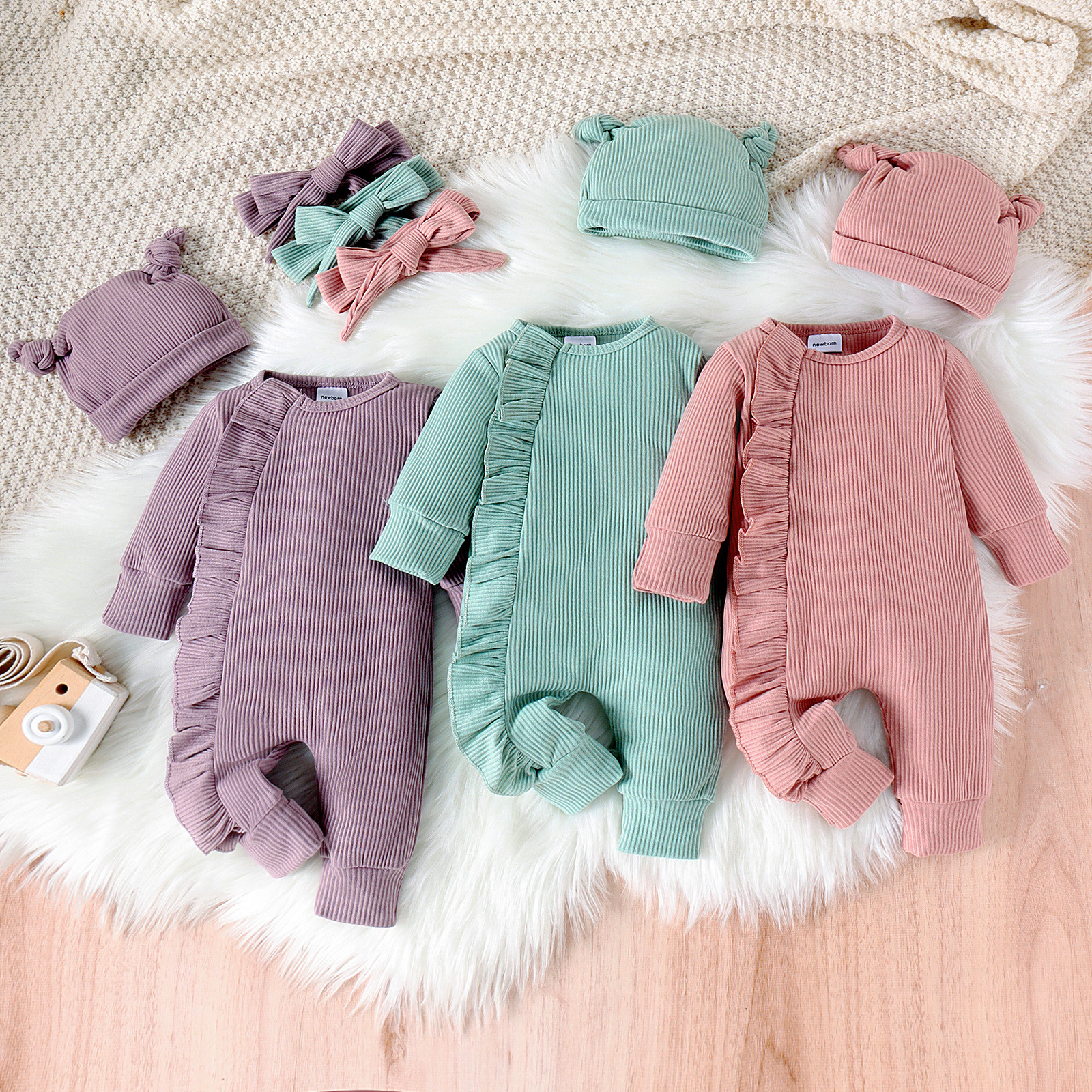 Cross border Amazon INS boys and girls baby solid color long sleeved jumpsuit hat headscarf