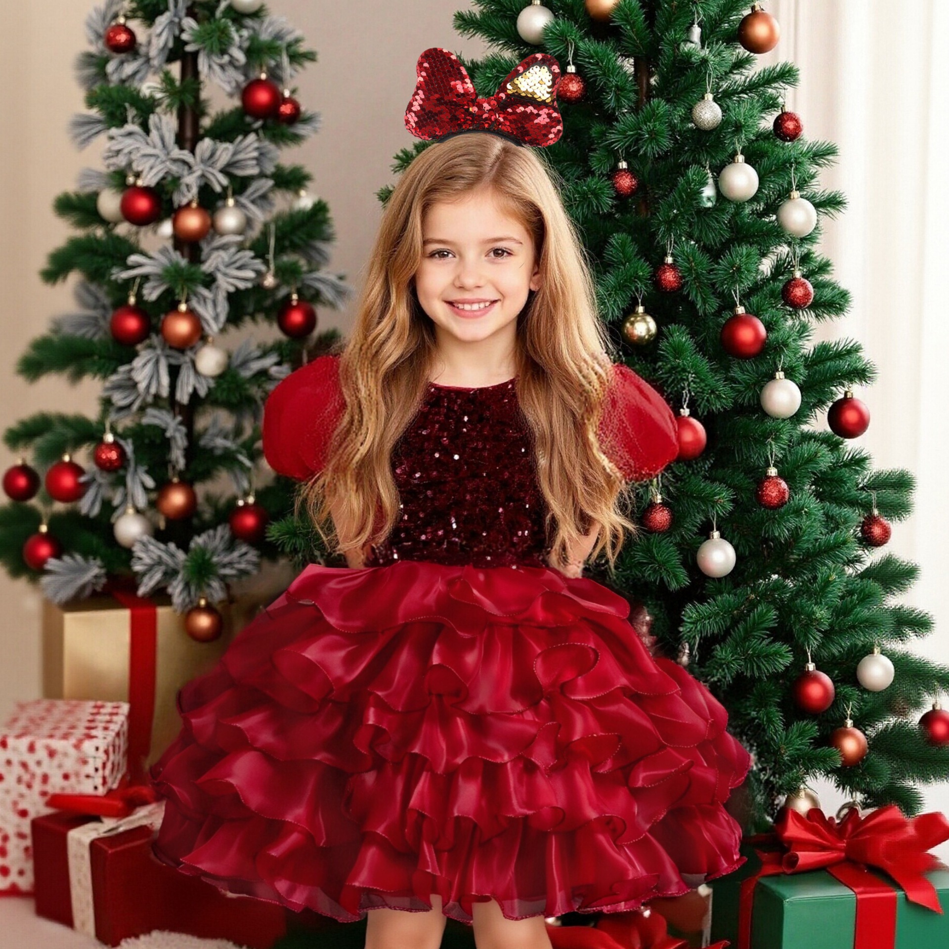 Children's formal dress, high-end bubble sleeves, sequins, fluffy cake, mesh dress, Children's performance dress, dance dress for Children's Day