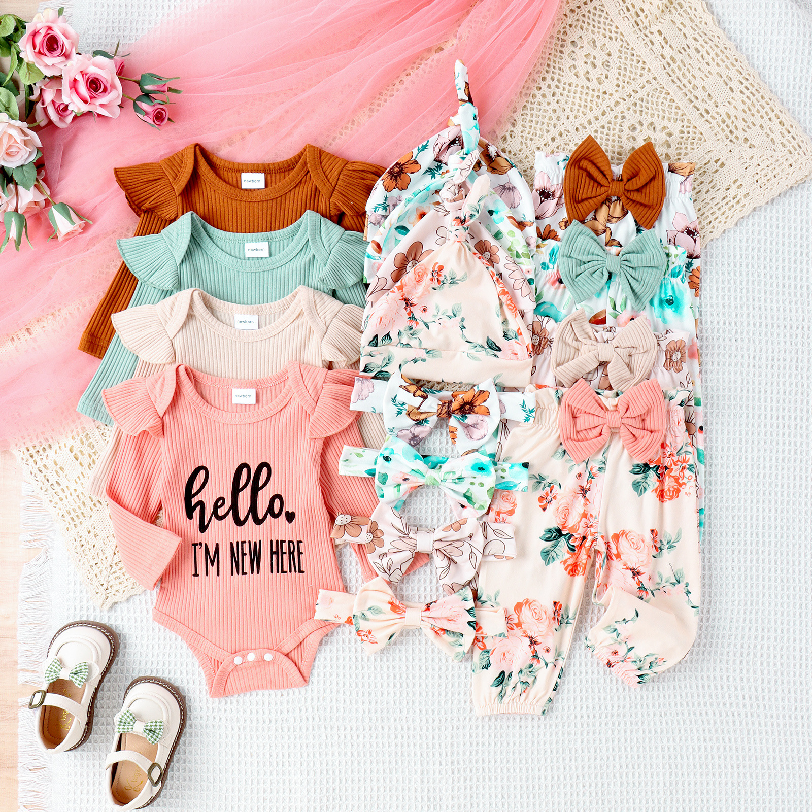 European and American foreign trade children's clothing, newborn clothes, baby girl jumpsuit, long pants, hats, headscarves, four piece set of baby clothing