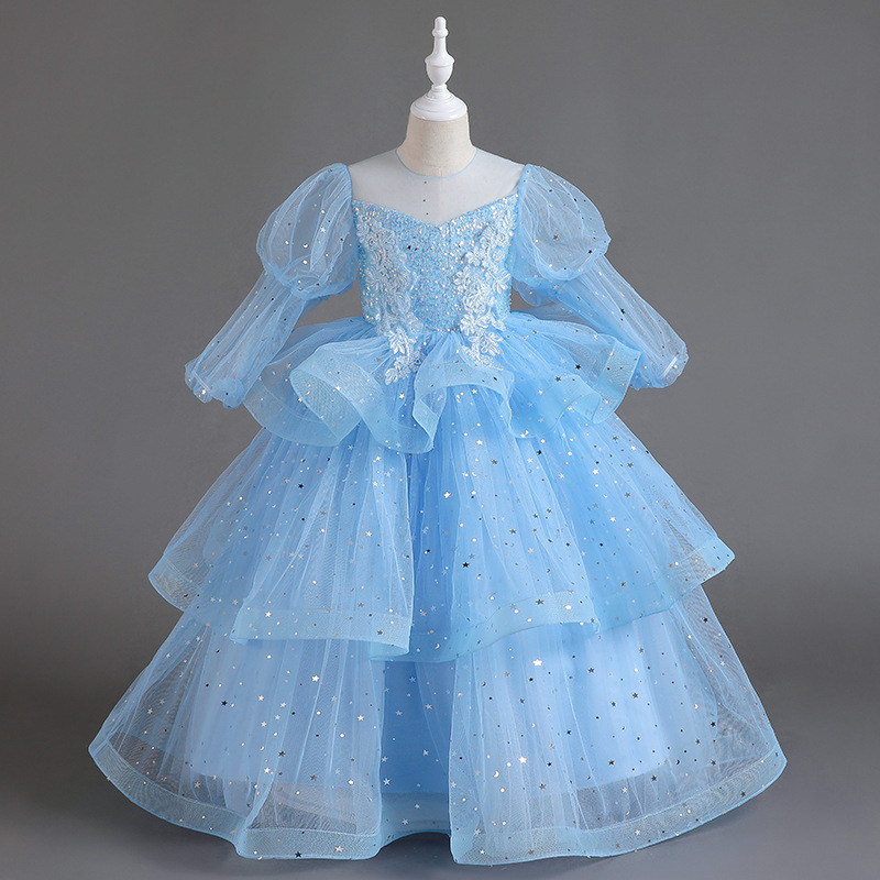 Girls' formal dress, children's host, runway show, piano performance costume, flower girl wedding, fluffy skirt, long sleeved high-end princess dress