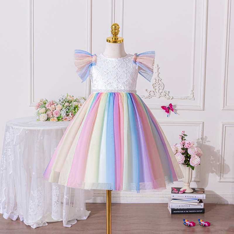 Girl's Rainbow Gradient Mesh Princess Dress Birthday Banquet Performance Dress Dress Little Girl Rainbow Puff Dress
