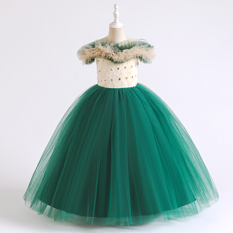 One shoulder girls' dress princess dress flower girl wedding dress stage host walking show children's performance dress dress