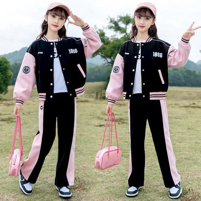 Girls' Spring and Autumn Set, Korean Edition, Internet Celebrity Girls' Baseball Jacket, Middle and Large Children's Fashionable Sports Two piece Set, Casual Clothes