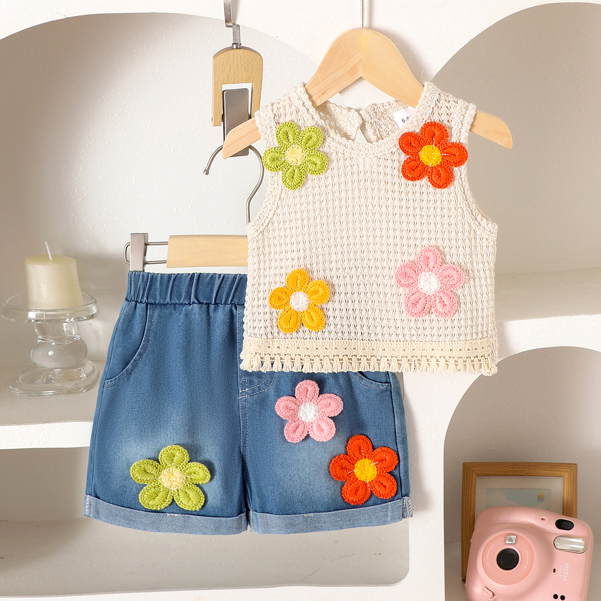 Amazon Europe and America Summer Casual Girls' Set Round Neck Sleeveless Flower Tank Top Shorts Two Piece Set