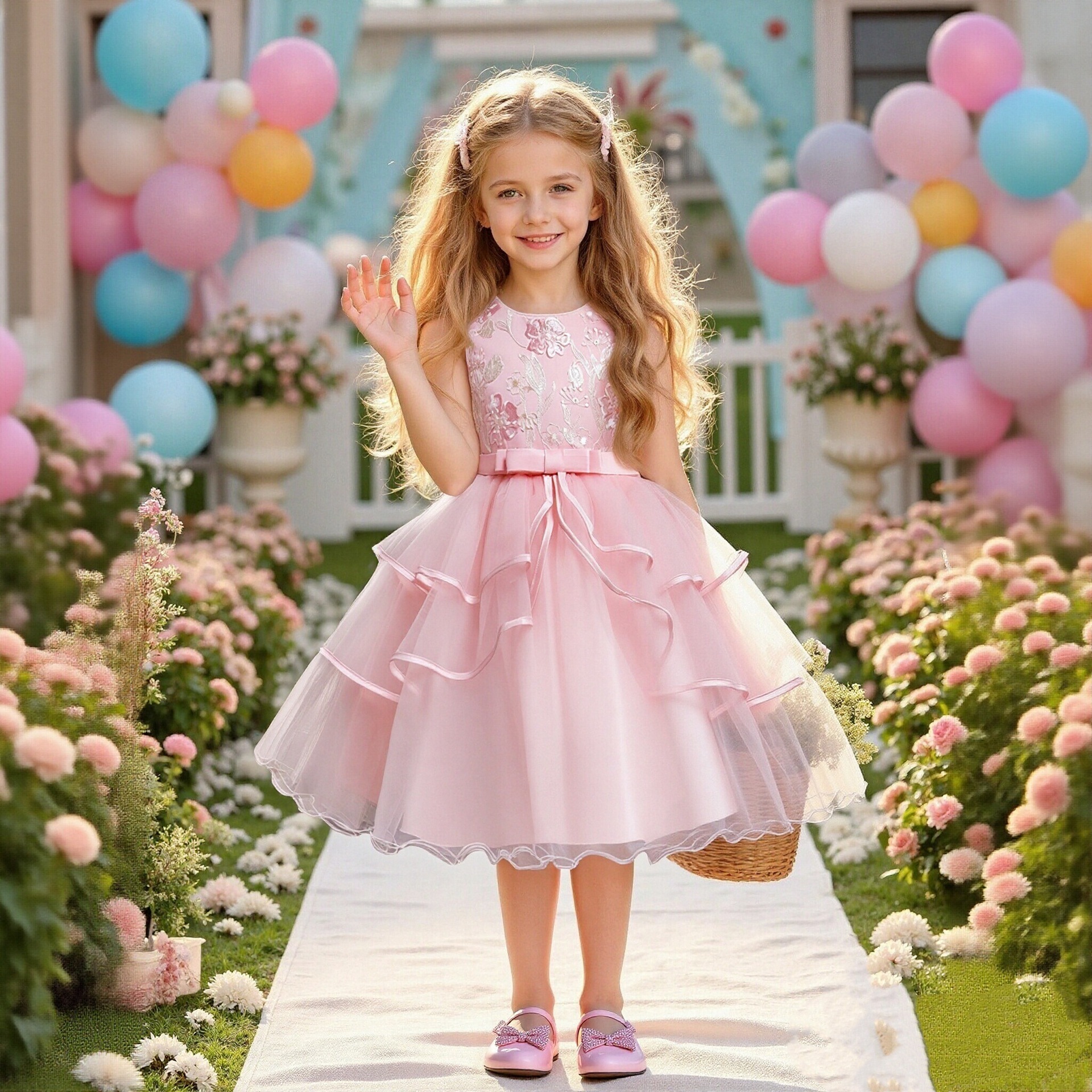 Cross border hot selling children's dresses, girls' mesh skirts, fluffy skirts, red children's festival performance costumes, small hosting dresses