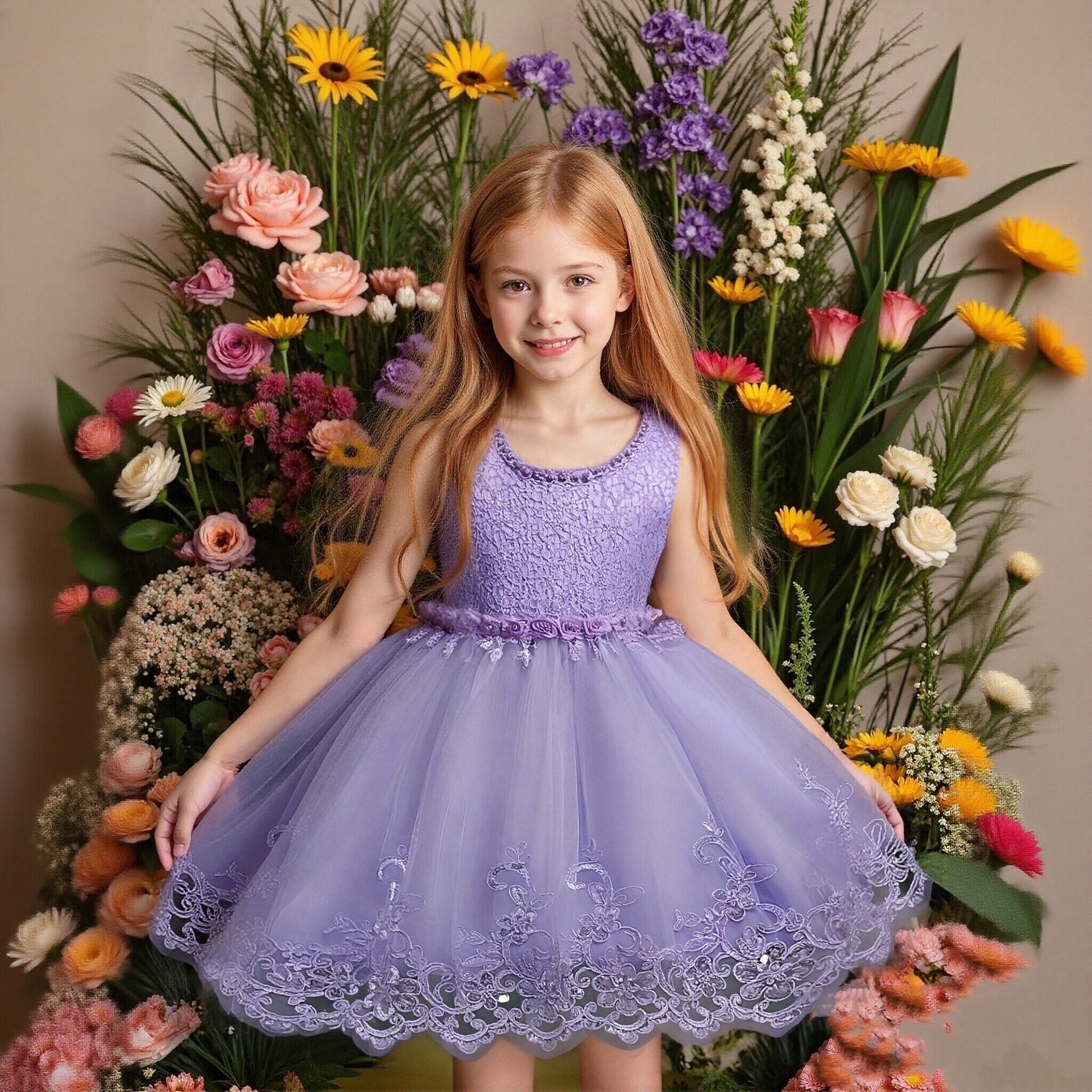 Children's formal dress, girls' dress, flower girl sleeveless knee length wedding dress, princess dress, girls' party, birthday fluffy dress