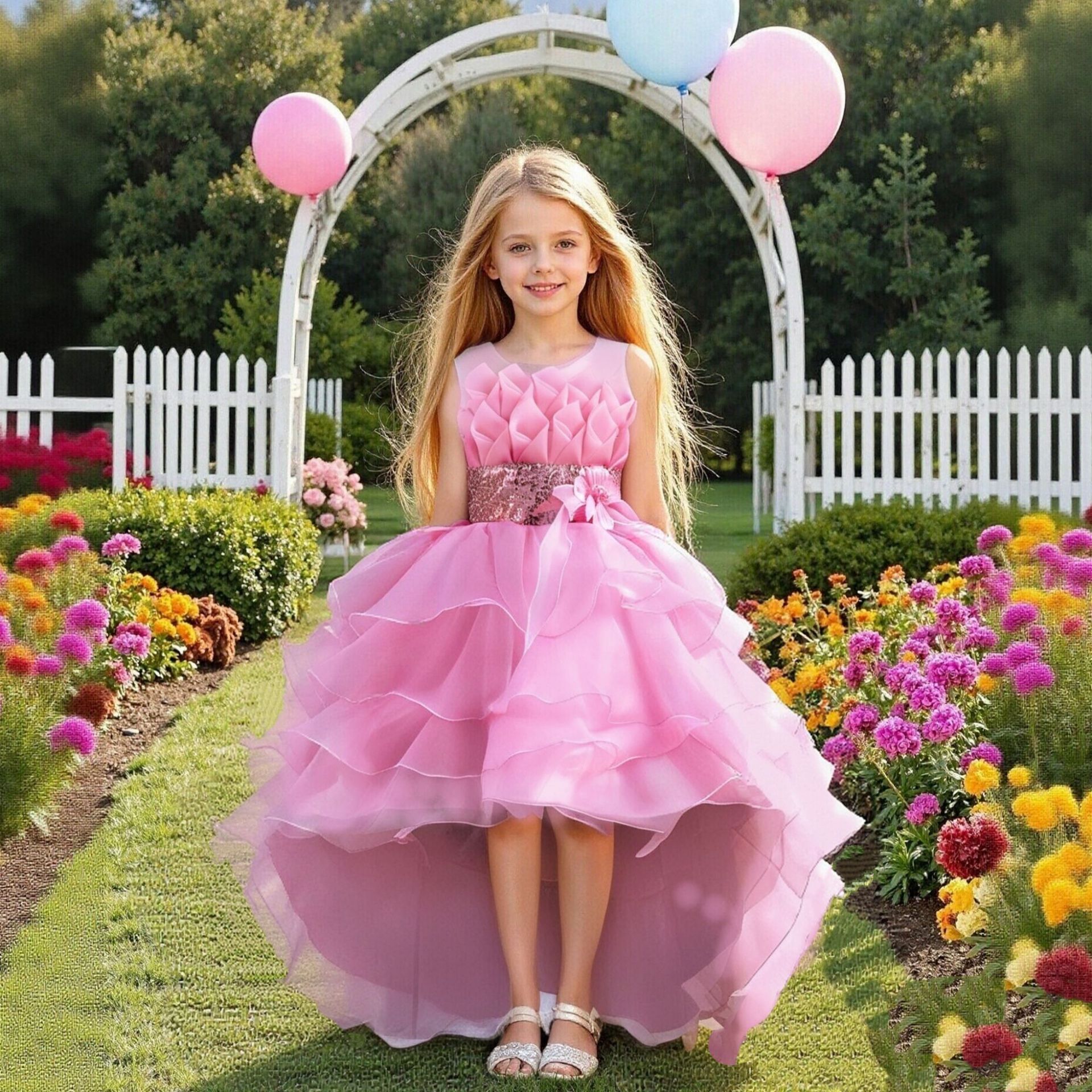 Children's evening dress, girls' birthday princess dress, fluffy gauze, red flower girl hosting fashion show performance dress, western-style trailing