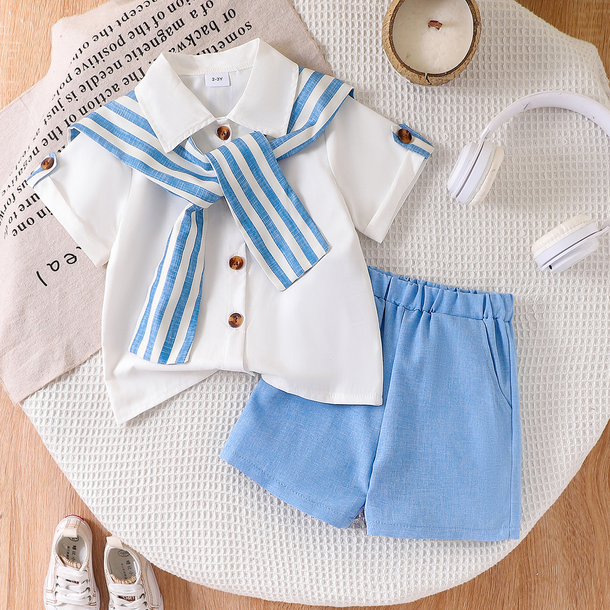2025 Cross border boys' casual striped shawl white short sleeved shirt paired with solid color shorts two-piece set