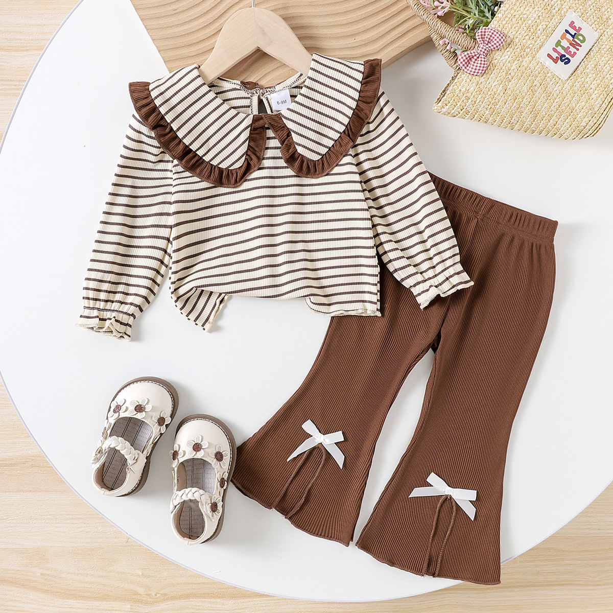 Children's clothing simple girl's lapel striped long sleeved top paired with coffee colored pants set