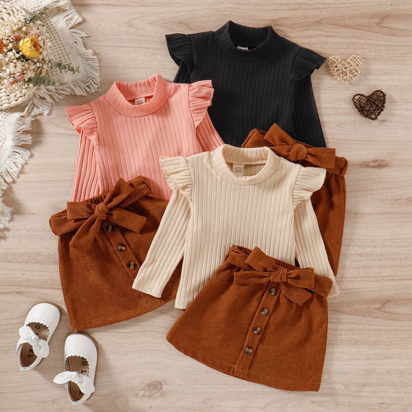 Children's set 23 European and American style girls' big pit stripe high neck top corduroy short skirt two-piece set cross-border spot wholesale