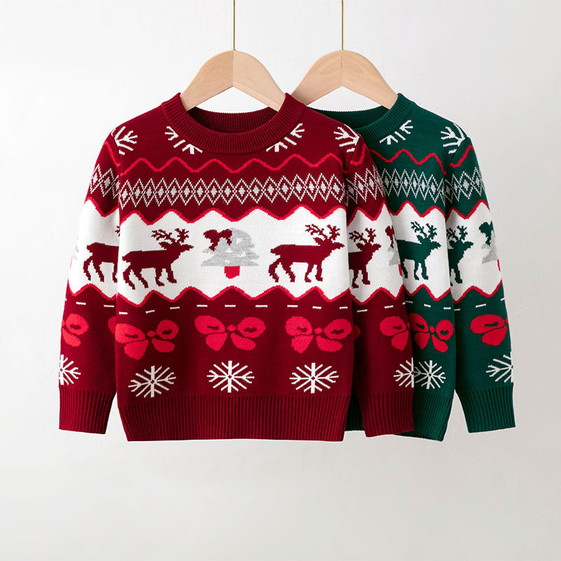 European and American autumn and winter new children's Christmas deer sweater for boys and girls, baby base pullover knitted sweater in stock