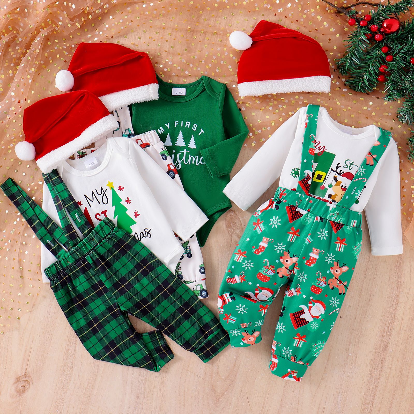 New autumn fashion Christmas tree printed long sleeved shirt, overalls, and hat set for boys, girls, and babies in foreign trade