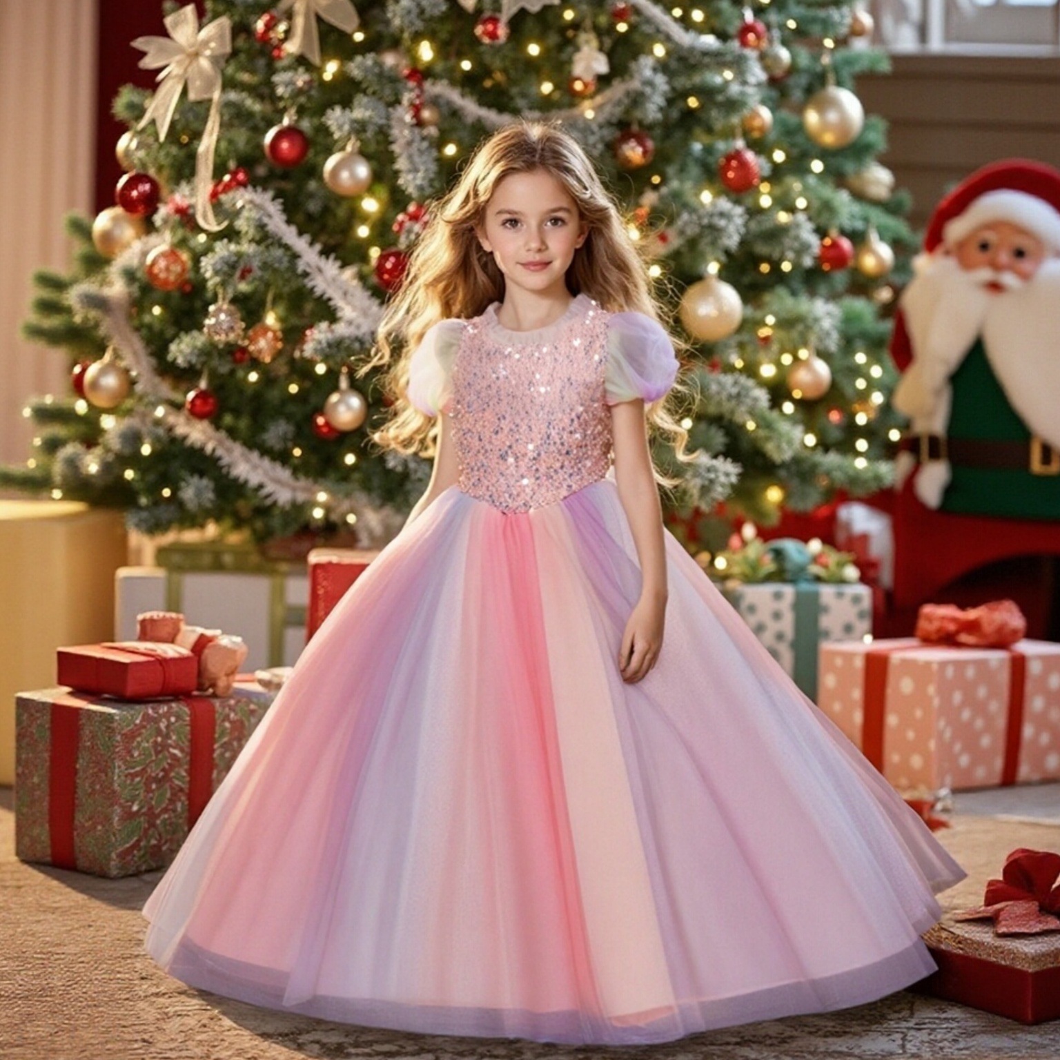 Children's formal dress, bubble sleeve sequin princess dress, colorful mesh dress, girls' birthday party, stage performance, in stock