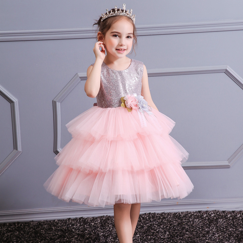 Children's dress, European and American backless cake princess dress, girls' bow sequin dress, children's fashion dress, performance dress