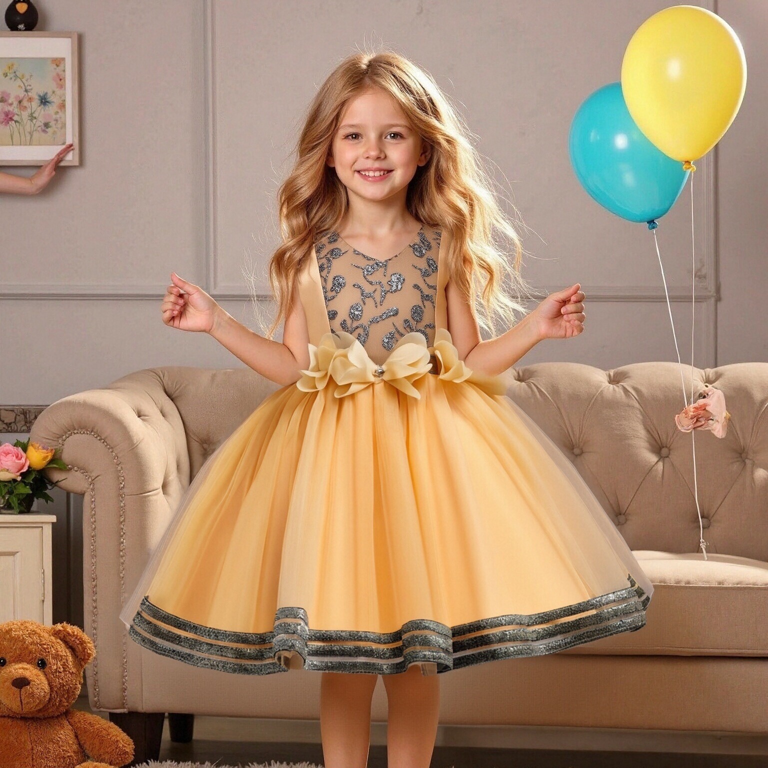 2020 New Children's Dress Princess Dress Girls' Puff Dress Little Girls' Sleeveless Flower Dress One Piece Hair Replacement