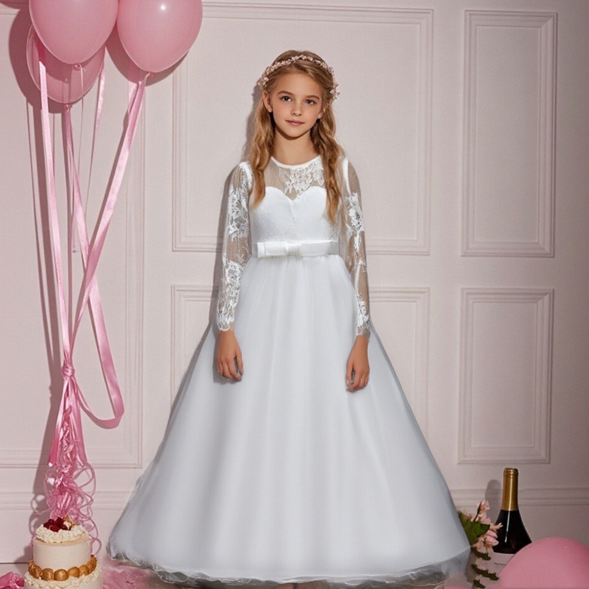 AliExpress Amazon hot selling European and American girls lace long sleeved dress, little princess fluffy skirt, kid dress