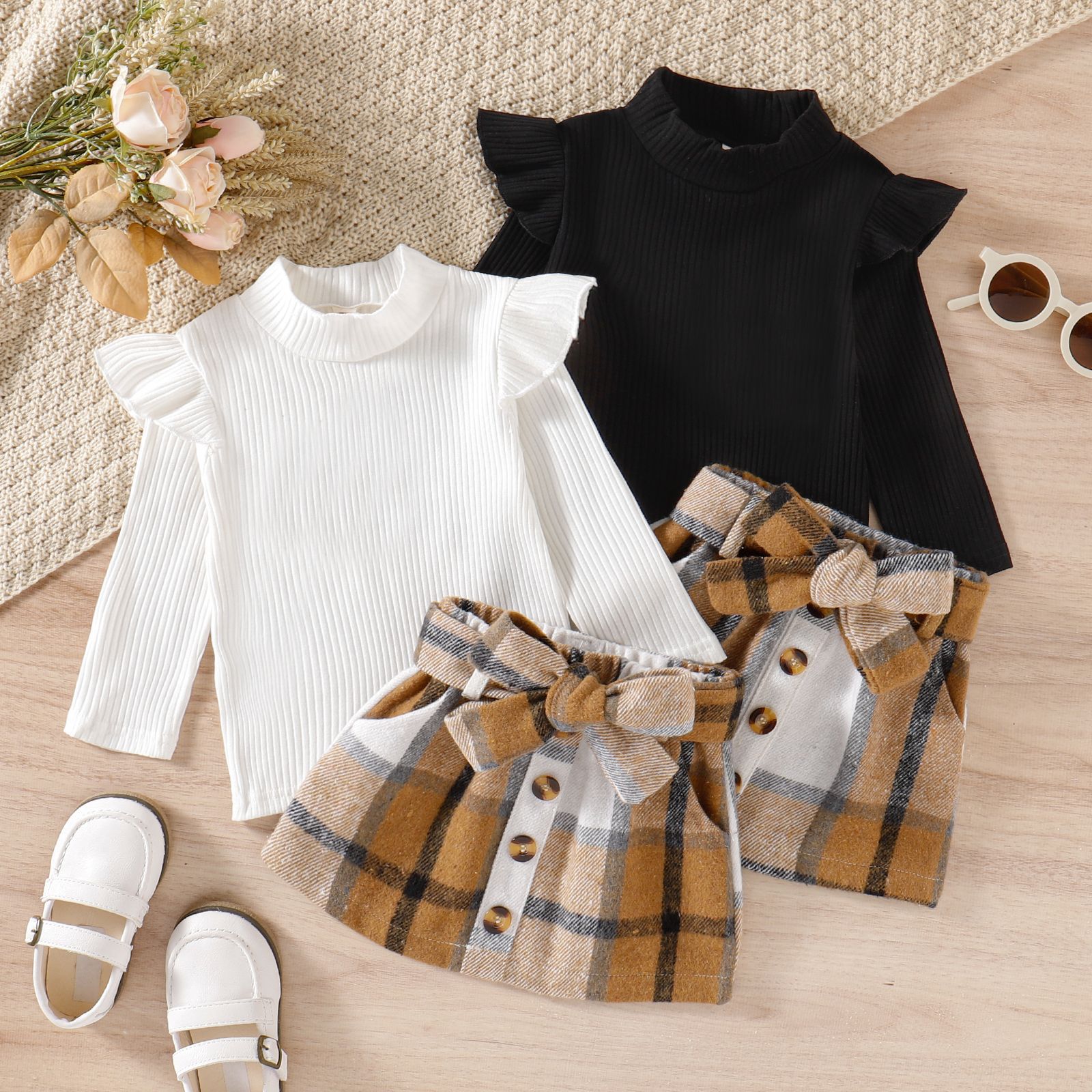 2022 European and American Spring and Autumn Girls' Pit Bar High Collar Long Sleeve High Collar Top+Checkered Short Skirt Two Piece Set