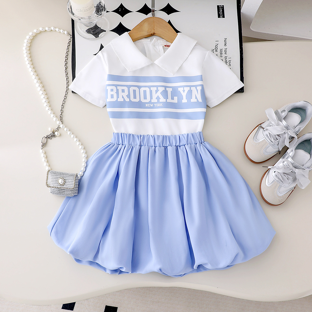 Foreign trade European and American girls' letter printed short sleeved top, solid color short skirt two-piece set
