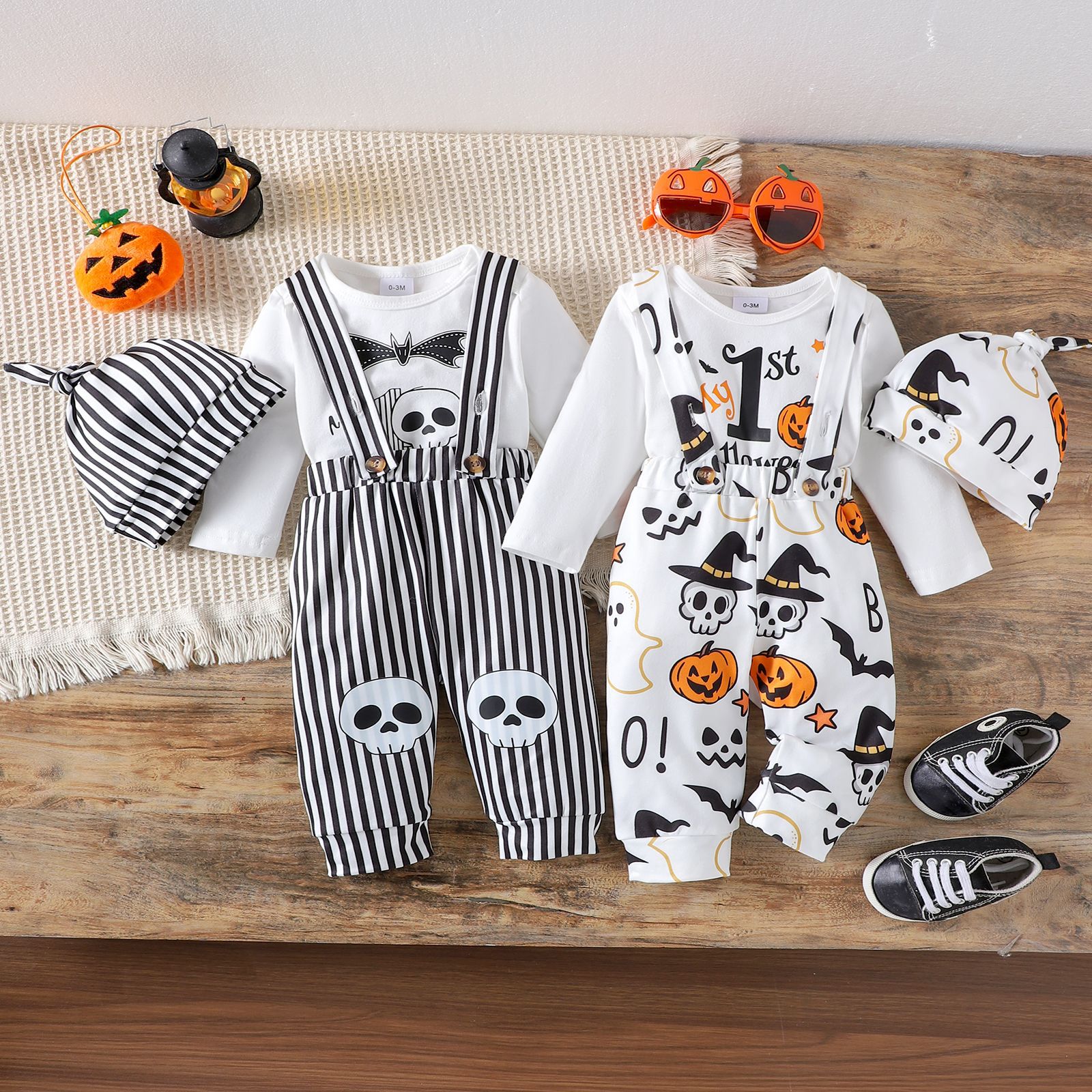 Foreign trade children's clothing Halloween boys and girls baby pumpkin skull pattern long sleeved shirt, overalls, pants set