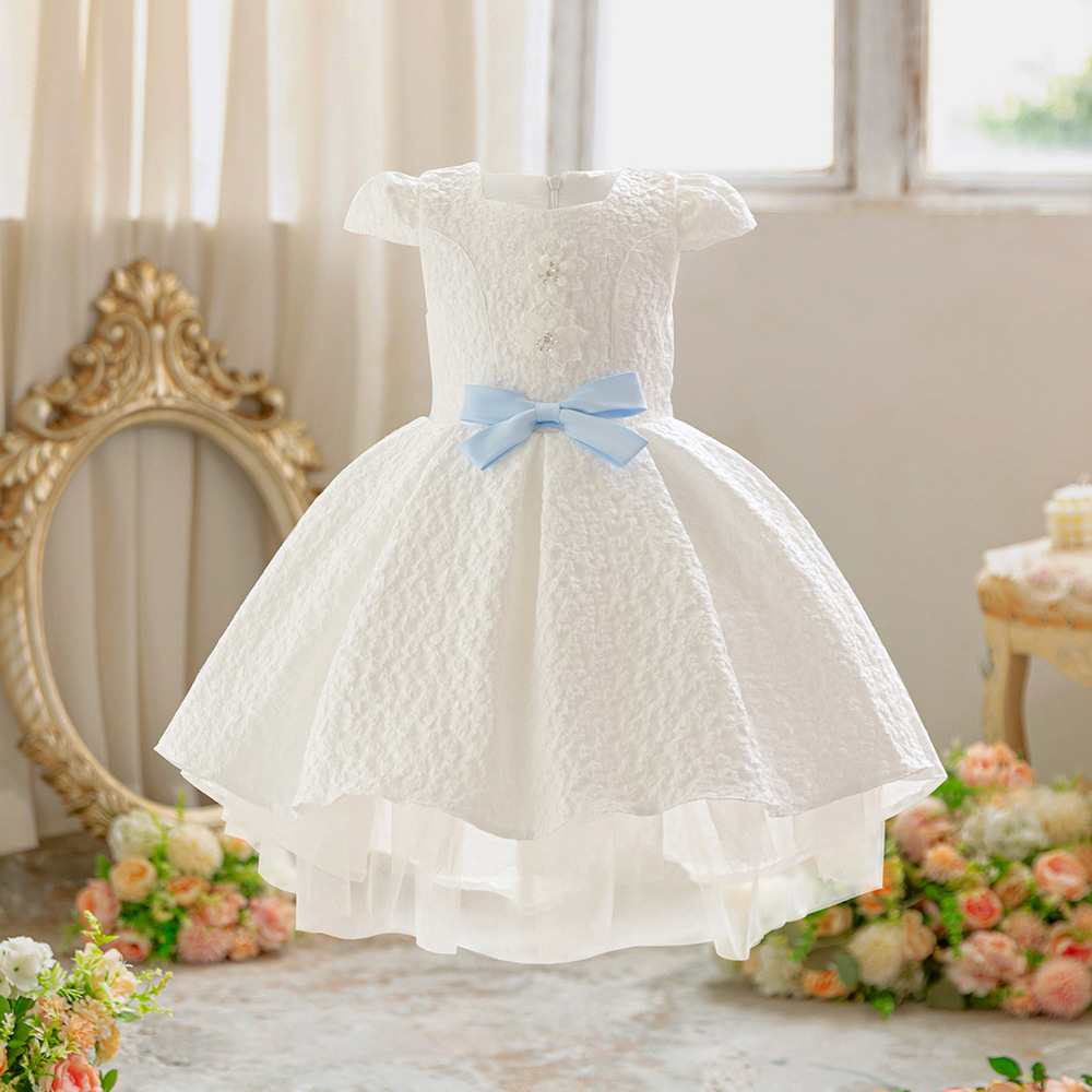 Girls' dress, mesh, trailing flower girl wedding dress, princess dress, high-end birthday party hosting dress for little girls