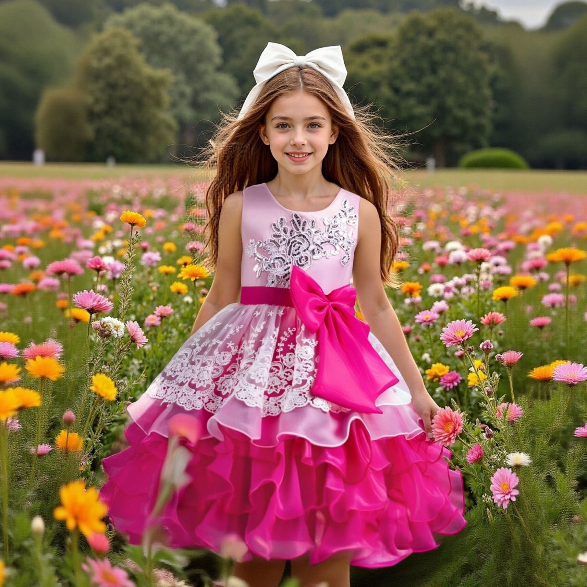 Hot selling children's dress, Children's performance dress, high-end bow lace cake, fluffy skirt for birthdays