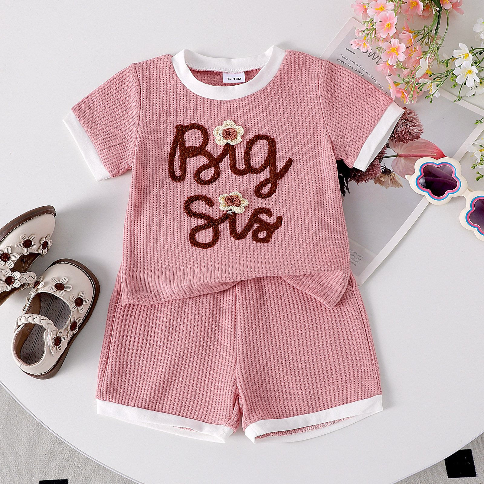 Foreign Trade Europe and America 25 Summer New Girl Baby Pink Waffle Towel Embroidered Short Sleeve Top Solid Color Shorts