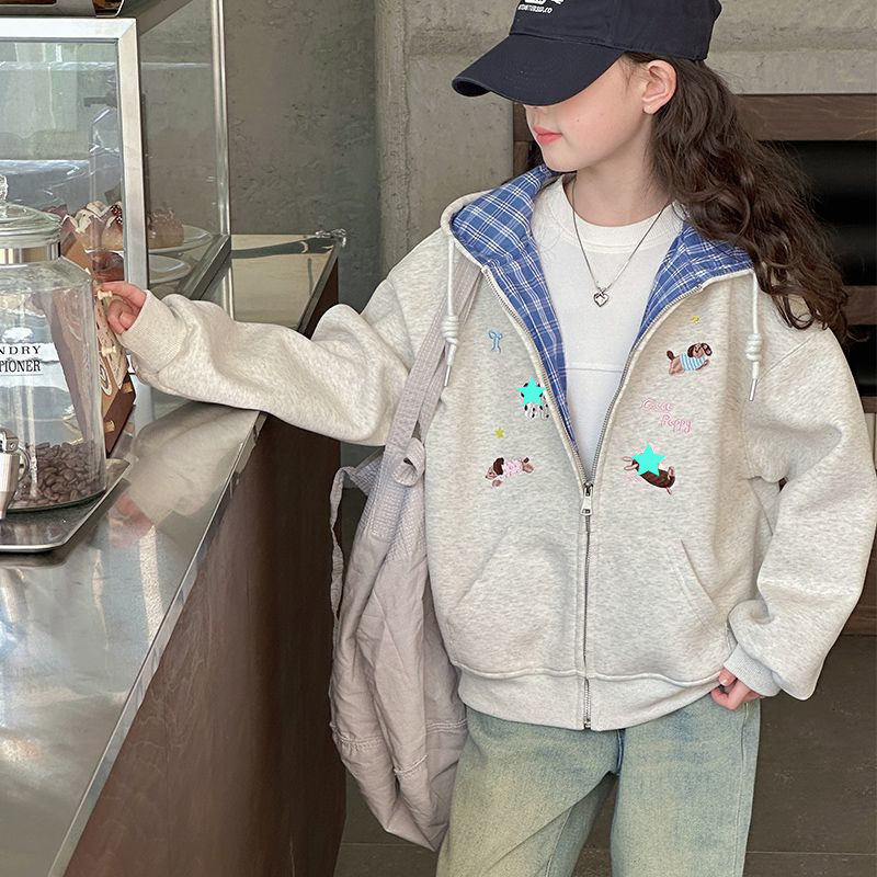 Internet celebrity girl Korean version fashionable versatile hooded top, mid size children's spring and autumn new style, trendy cartoon casual jacket