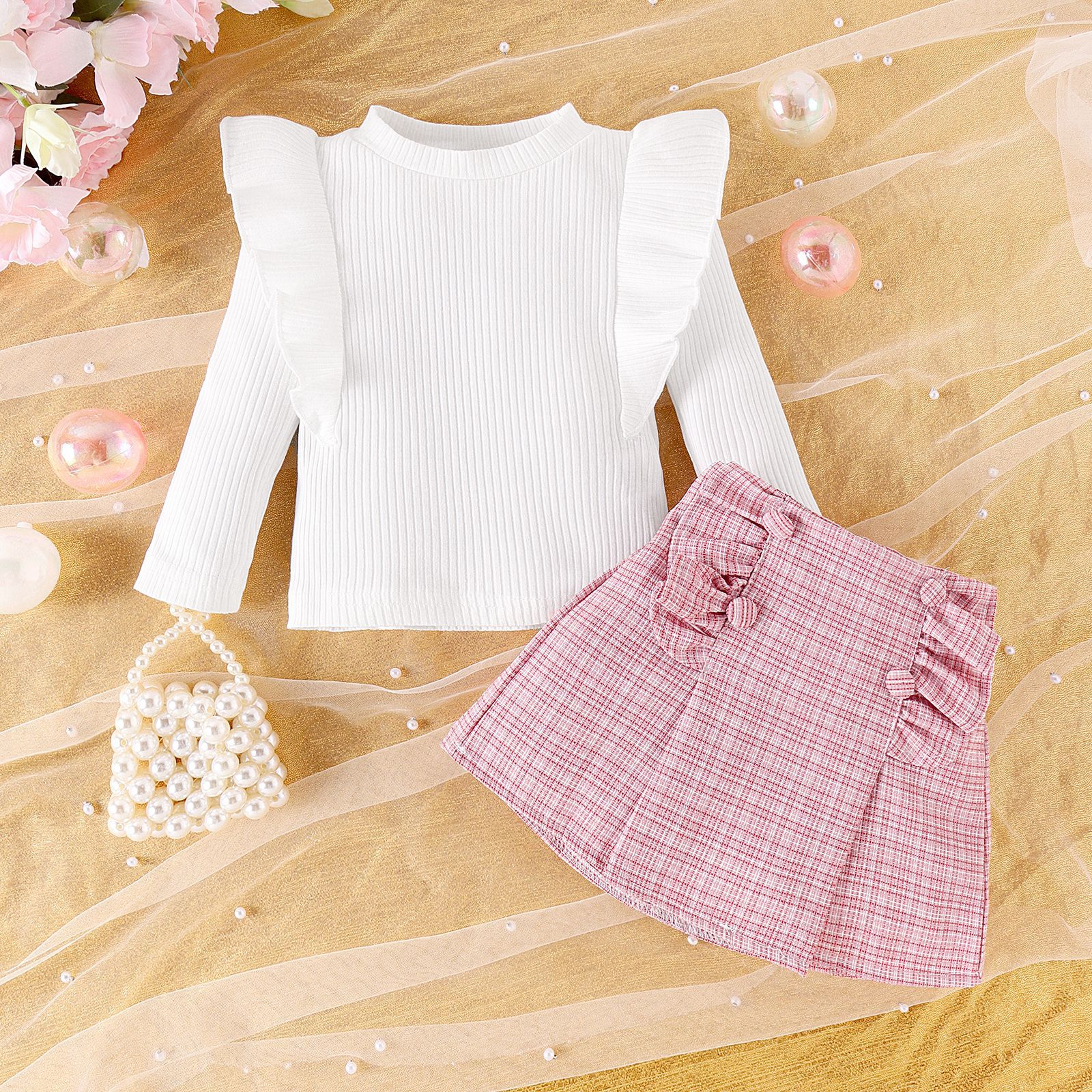 Foshan Cross border Children's Clothing Female Baby Autumn and Winter Pit Strip Long Sleeve Top Solid Color Checkered Short Skirt Two Piece Set