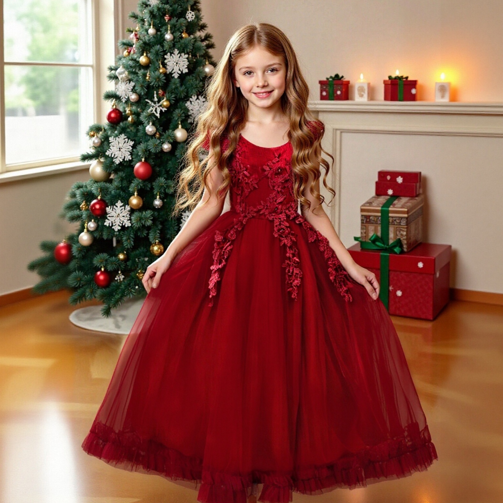 Cross border new children's princess dress, girls' mesh dress, floor length long dress, mid size children's dress, mesh lace dress