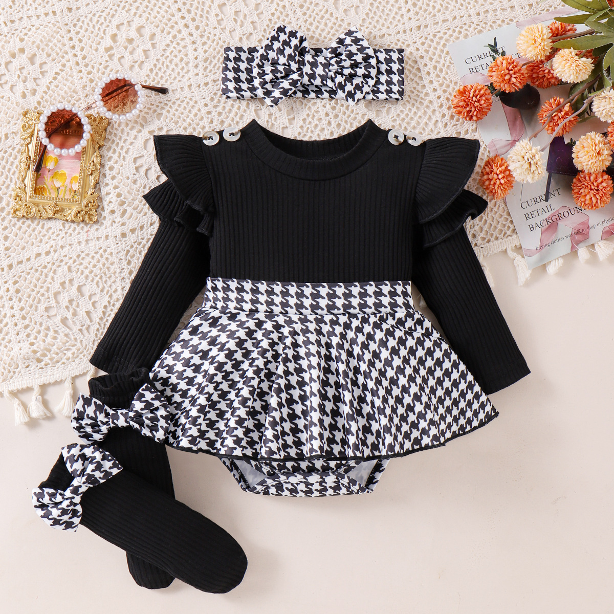 Foreign Trade Cross border 2024 New Girl Baby Long Sleeve Ha Yi Thousand Bird Gerha Skirt Bow Headscarf