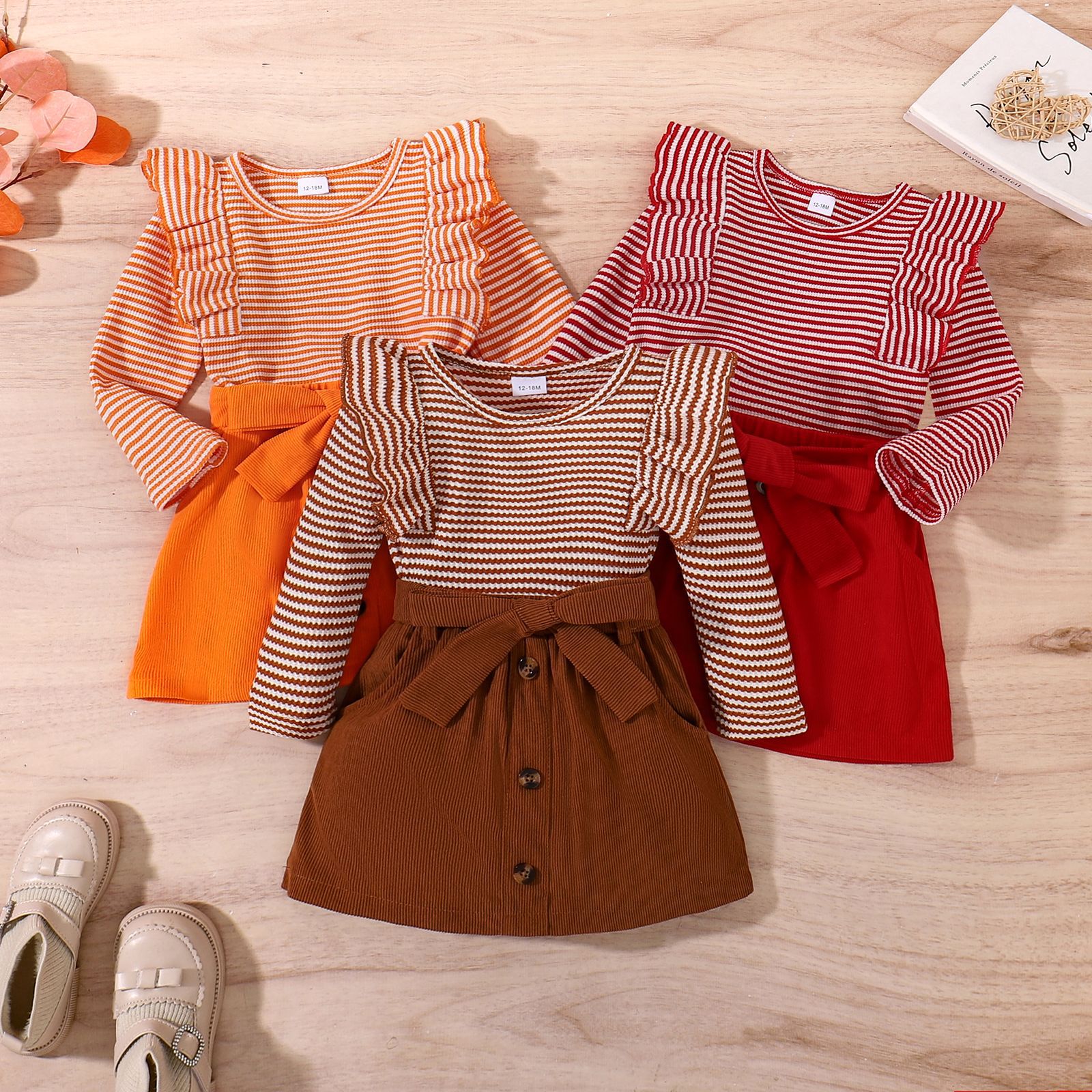 Foreign trade children's clothing spring and autumn casual girls striped long sleeved top and short skirt two-piece set