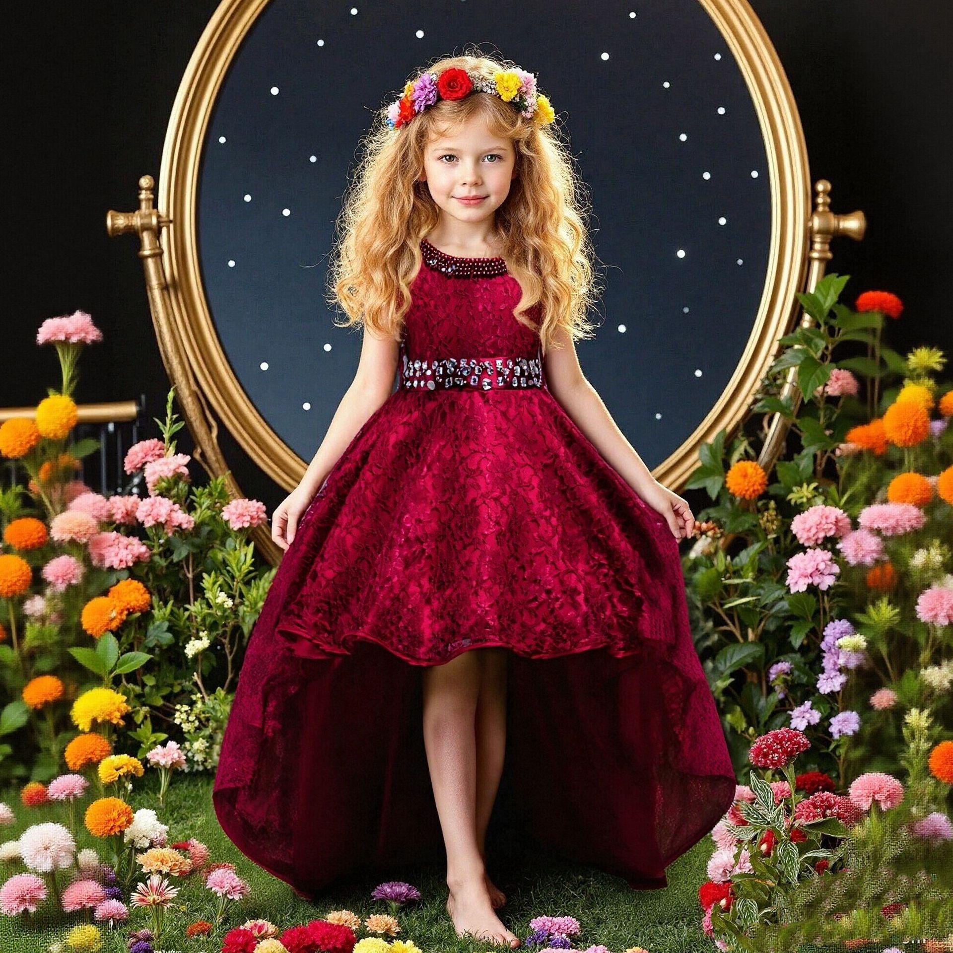 European and American popular girls' black dress, children's princess fluffy dress, flower girl wedding dress, trailing handmade bead wholesale