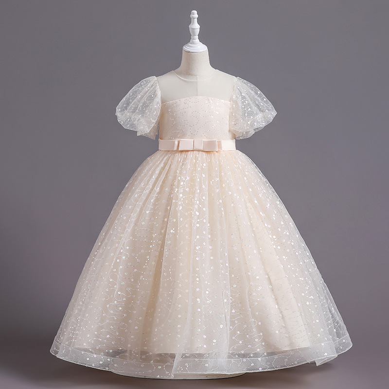 Waist length sequin bubble sleeve girls' formal dress, mesh princess dress, sweet wedding dress, hosting runway performance, piano jumpsuit