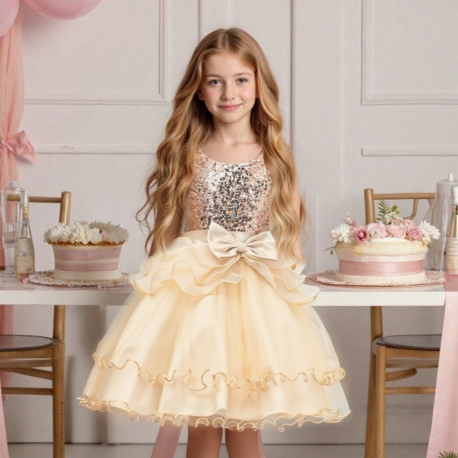 European and American style children's dress sleeveless girls' performance dress sequins bow princess dress birthday party dress