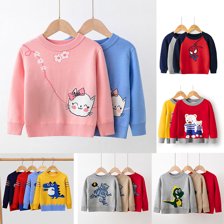 New autumn and winter double-layer sweater for children, boys and girls, warm knit sweater, girls' pullover cartoon sweater, base sweater