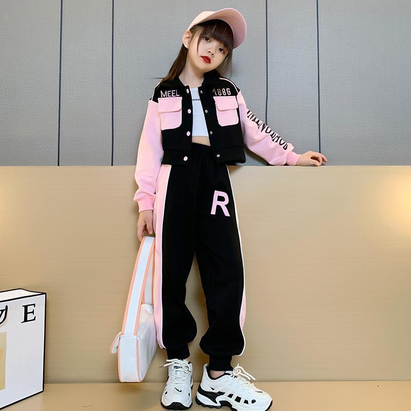 Girls' Spring and Autumn Set, internet celebrity, Korean version of girls' sports jacket, fashionable long sleeved children's workwear two-piece set