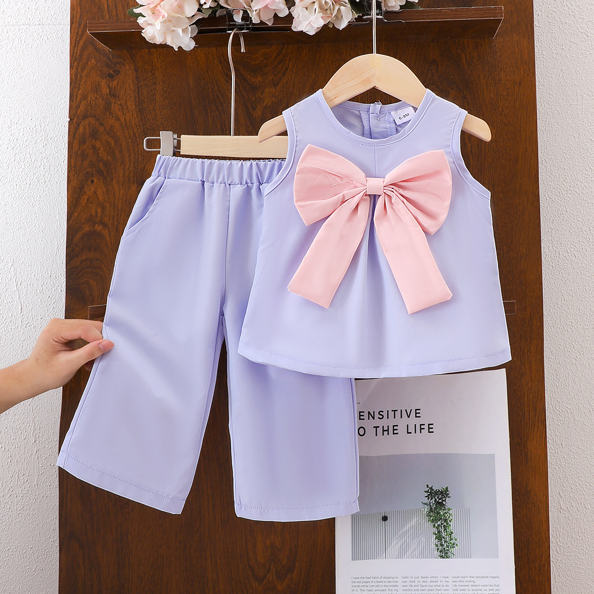 Cross border European and American Summer Girls' Set Sleeveless Bow Top Pants Two piece Set