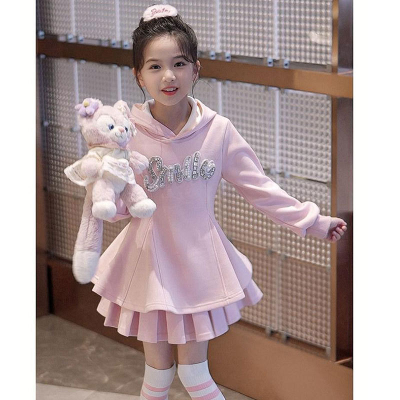 Girls' hoodie with ruffled edges, two-piece set, mid size children's spring and autumn new style pleated skirt, solid color hoodie skirt set