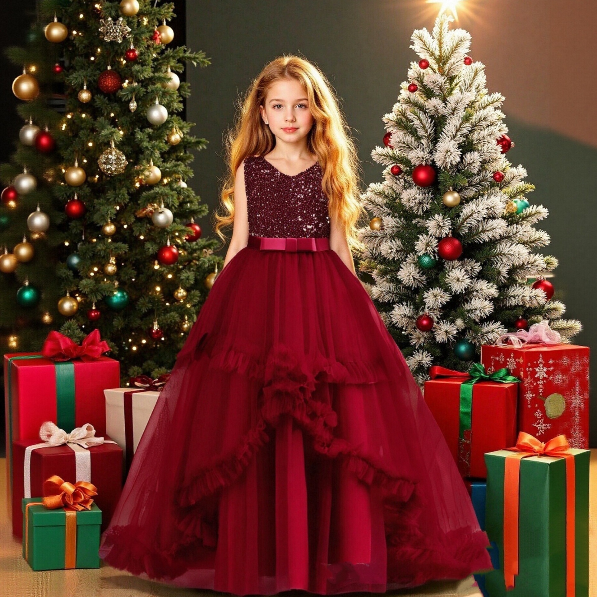 New girls' long sleeveless sequined cake mesh princess dress host piano performance evening dress