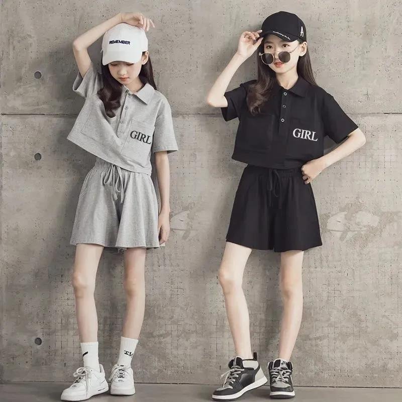 Summer short sleeved set children's clothing 2024 new Korean version women's sports top shorts little girl two-piece set