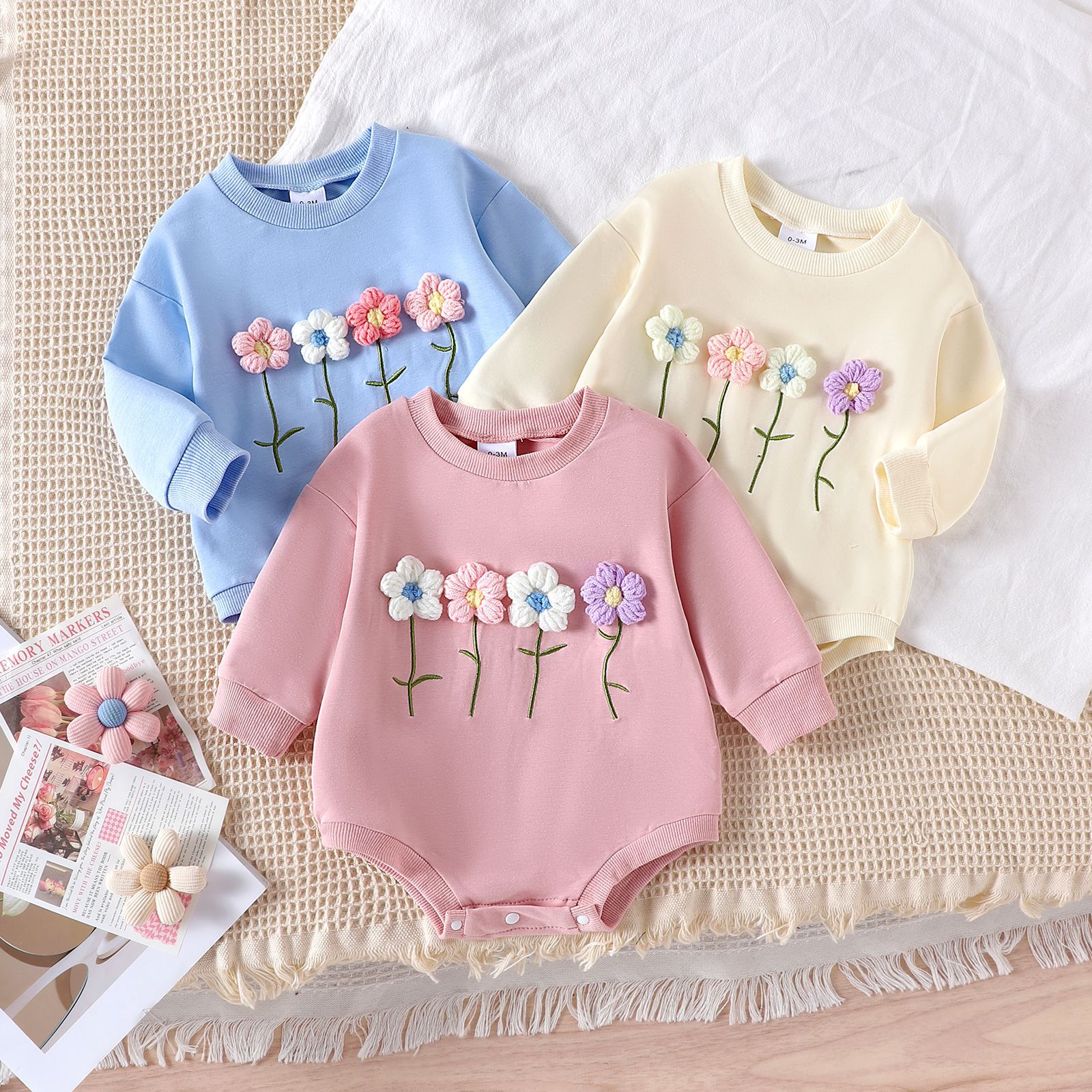 Cross border children's clothing cute baby girl yarn flower long sleeved shirt