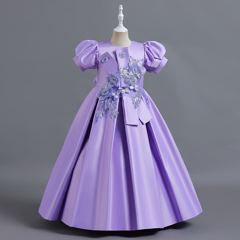 Girls' satin handmade beaded high-end dress, princess dress, bubble sleeves, piano host, runway performance dress