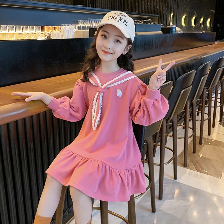 Girls' autumn dress 2024 Western style children's long sleeved sanitary dress Spring and Autumn mid to long length skirt for girls