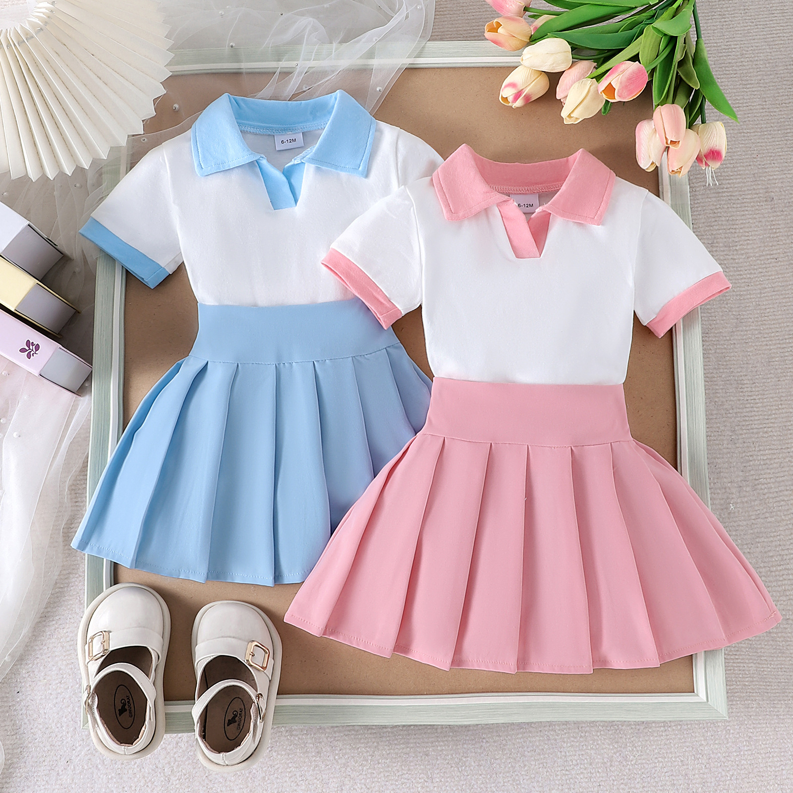 European and American new college style girl cute student outfit white short sleeved top pleated skirt set