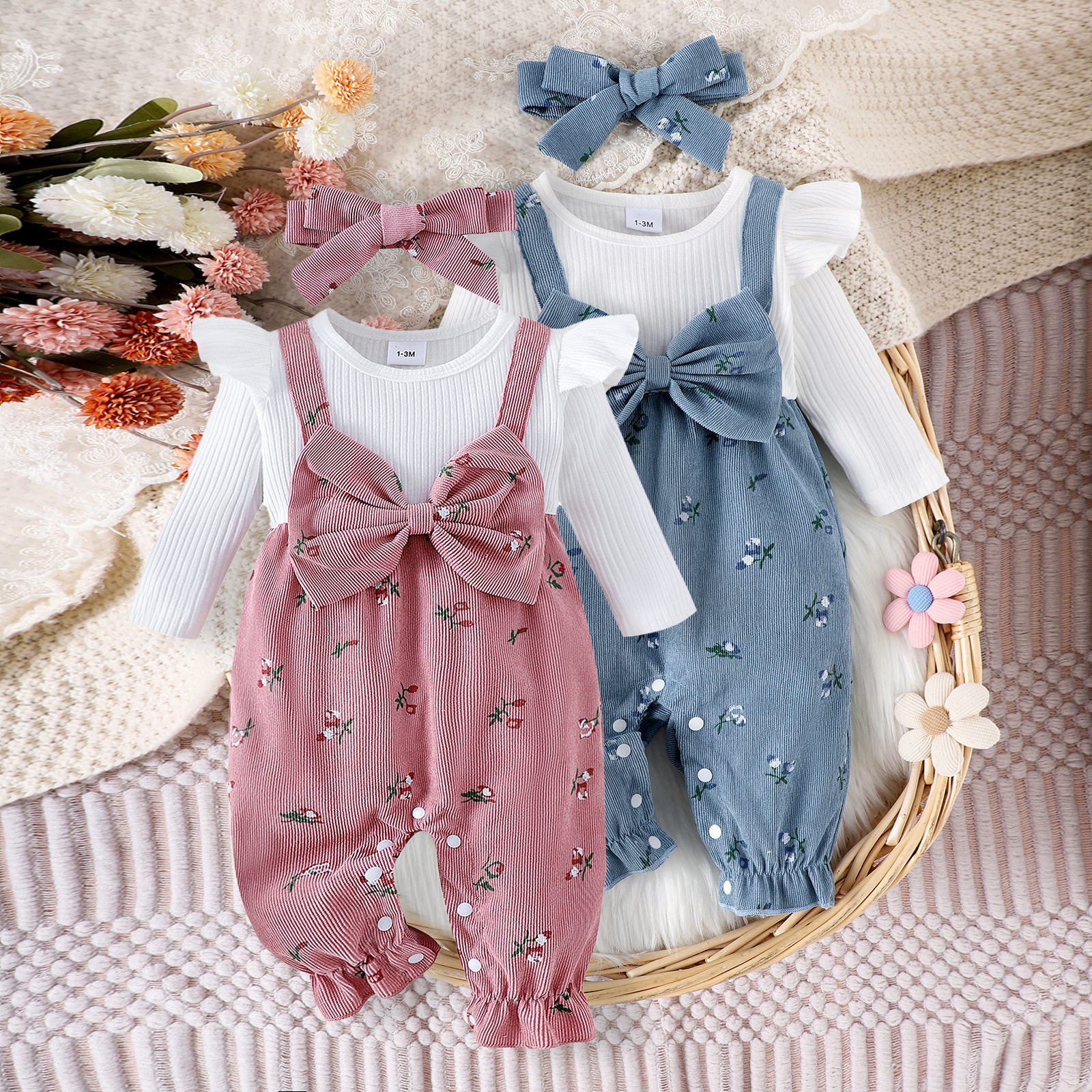 Foreign trade children's casual suit, long sleeved top for baby girls, paired with printed overalls, two-piece set